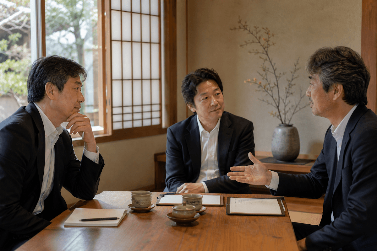 落ち着いて対話する3人の経営者