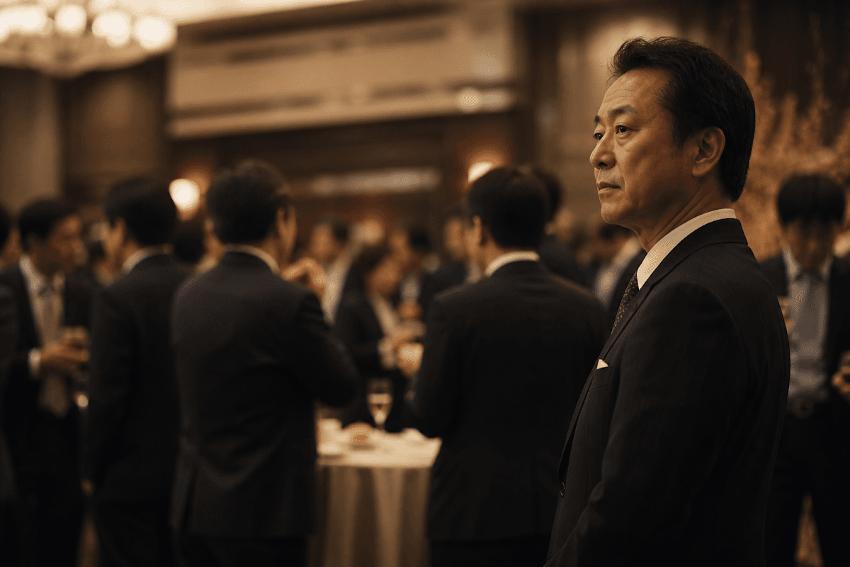 交流会の会場で周囲を見渡す経営者